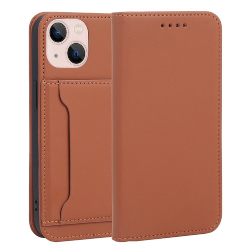 iPhone 14 Magnetism Skin Feel Card Holder Leather Phone Case  - Brown