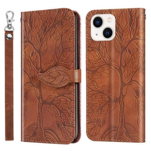 iPhone 14 Life of Tree Embossing Pattern Leather Phone Case  - Brown