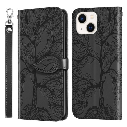 iPhone 14 Life of Tree Embossing Pattern Leather Phone Case  - Black