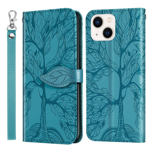 iPhone 14 Life of Tree Embossing Pattern Leather Phone Case  - Lake Blue