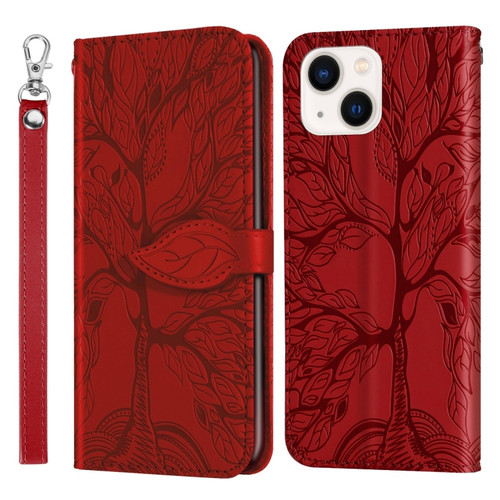 iPhone 14 Life of Tree Embossing Pattern Leather Phone Case  - Red
