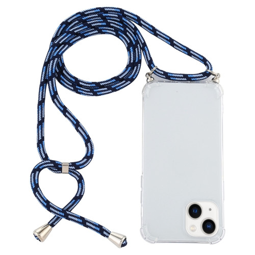 iPhone 14 Four-Corner Shockproof Transparent TPU Case with Lanyard  - Blue White