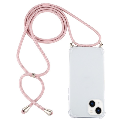 iPhone 14 Four-Corner Shockproof Transparent TPU Case with Lanyard  - Pink