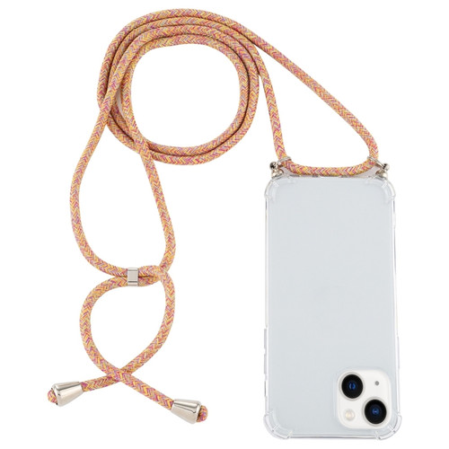 iPhone 14 Four-Corner Shockproof Transparent TPU Case with Lanyard  - Orange Purple