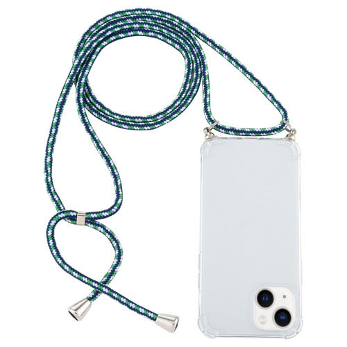 iPhone 14 Four-Corner Shockproof Transparent TPU Case with Lanyard  - Green Blue White