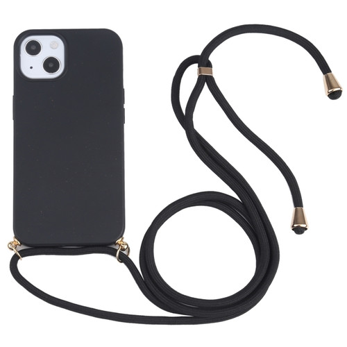 iPhone 14 Wheat Straw Material + TPU Shockproof Phone Case with Neck Lanyard  - Black