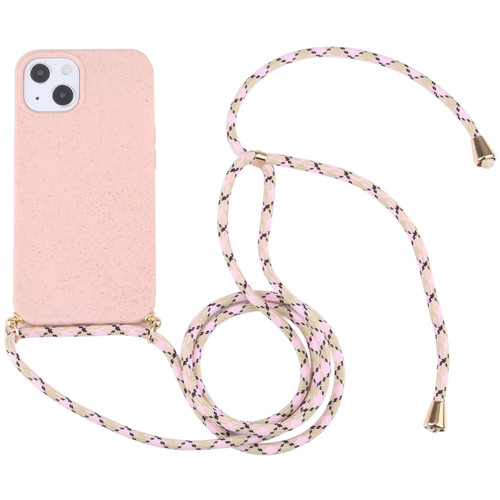iPhone 14 Wheat Straw Material + TPU Shockproof Phone Case with Neck Lanyard  - Pink
