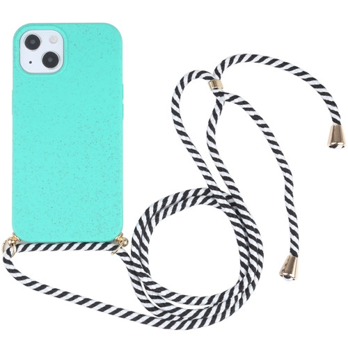 iPhone 14 Wheat Straw Material + TPU Shockproof Phone Case with Neck Lanyard  - Green