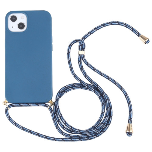 iPhone 14 Wheat Straw Material + TPU Shockproof Phone Case with Neck Lanyard  - Blue