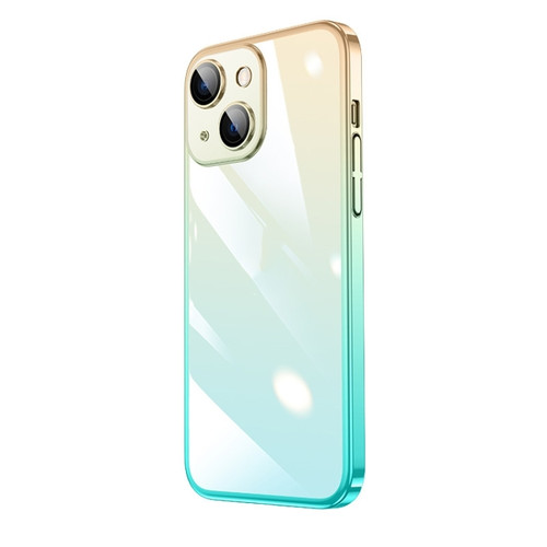 iPhone 14 Transparent Electroplated PC Gradient Phone Case  - Cyan-blue Gold