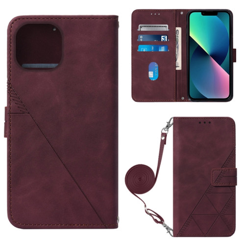 iPhone 14 Crossbody 3D Embossed Flip Leather Phone Case  - Wine Red
