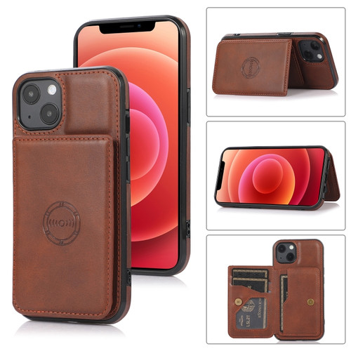 iPhone 14 Calf Texture Magnetic Card Bag Case  - Coffee