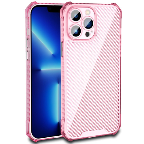 iPhone 14 Carbon Fiber Texture Shockproof Phone Case  - Transparent Pink