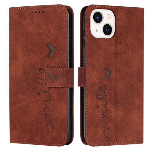 iPhone 14 Skin Feel Heart Pattern Leather Phone Case  - Brown