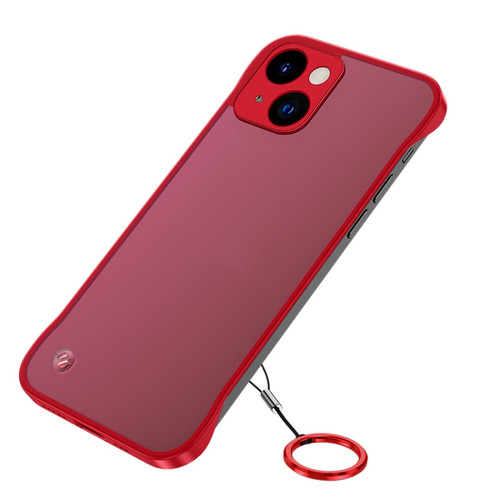 iPhone 14 Metal Lens Frosted Finger Ring Strap Phone Case  - Red