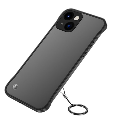 iPhone 14 Metal Lens Frosted Finger Ring Strap Phone Case  - Black