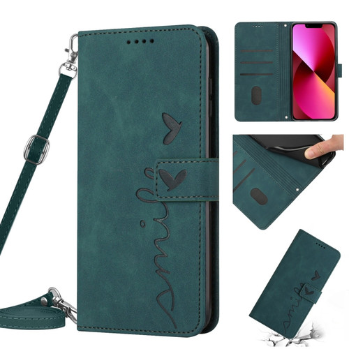 iPhone 14 Skin Feel Heart Pattern Leather Phone Case With Lanyard  - Green