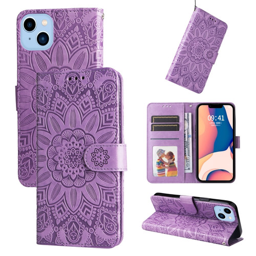iPhone 14 Embossed Sunflower Leather Phone Case  - Purple