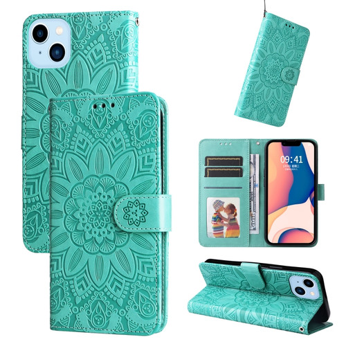 iPhone 14 Embossed Sunflower Leather Phone Case  - Green
