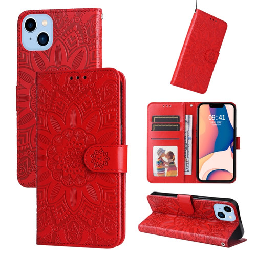 iPhone 14 Embossed Sunflower Leather Phone Case  - Red