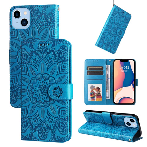 iPhone 14 Embossed Sunflower Leather Phone Case  - Blue