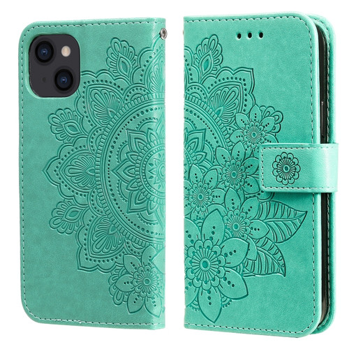 iPhone 14 7-petal Flowers Embossing Leather Case  - Green