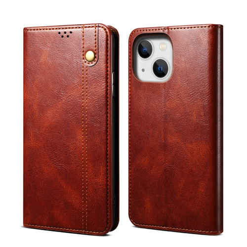 iPhone 14 Simple Wax Crazy Horse Texture Horizontal Flip Leather Case  - Brown