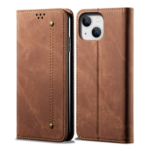 iPhone 14 Denim Texture Casual Style Leather Phone Case  - Brown