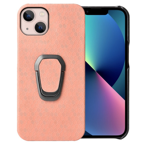 iPhone 14 Ring Holder Honeycomb PU Phone Case  - Pink