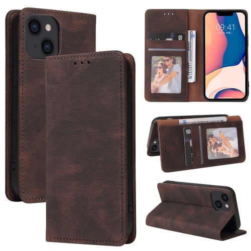 iPhone 14 Simple Suction Closure Horizontal Flip Leather Case  - Brown