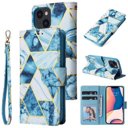 iPhone 14 Marble Bronzing Stitching Horizontal Flip PU Leather Case  - Blue