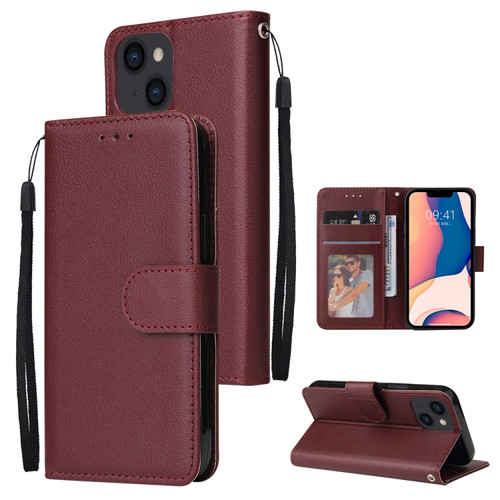 iPhone 14 Multifunctional Horizontal Flip Leather Case with Three Card Slot  - Red Wine