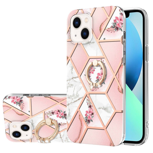 iPhone 14 Electroplating Splicing Marble Flower Pattern TPU Shockproof Case with Rhinestone Ring Holder  - Pink Flower