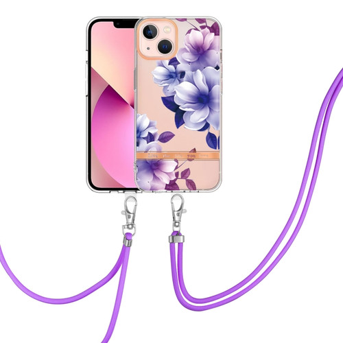 iPhone 14 Flowers and Plants Series IMD TPU Phone Case with Lanyard  - Purple Begonia