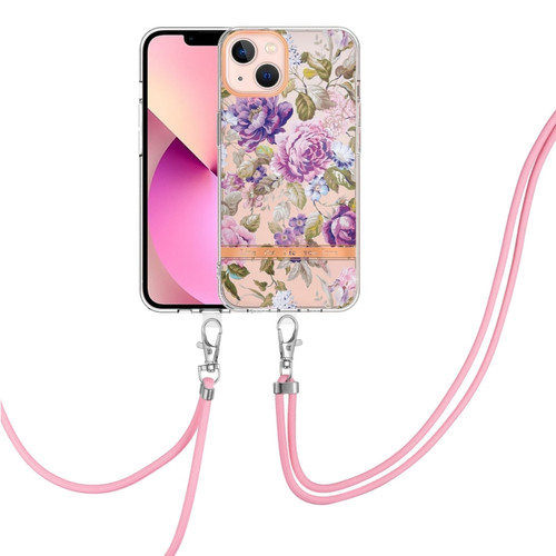 iPhone 14 Flowers and Plants Series IMD TPU Phone Case with Lanyard  - Purple Peony