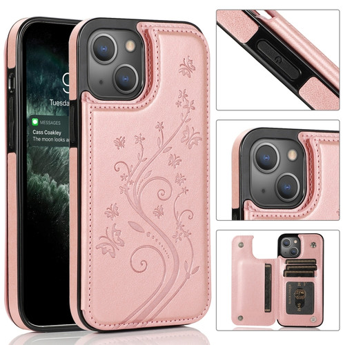 iPhone 14 Butterflies Flowers Double Buckle Case  - Rose Gold