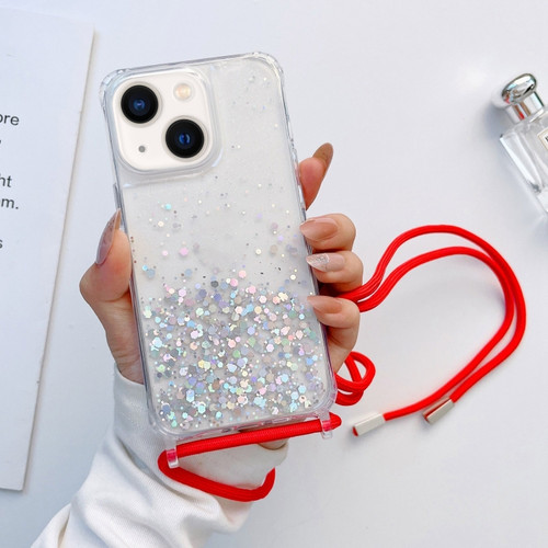 iPhone 14 Lanyard Glitter Epoxy Clear Phone Case  - Red