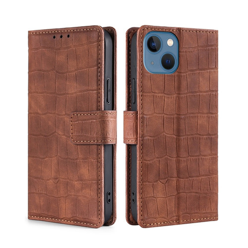 iPhone 14 Skin Feel Crocodile Magnetic Clasp Leather Phone Case  - Brown