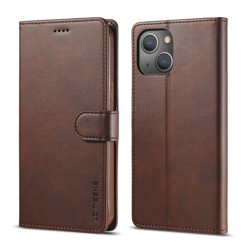 iPhone 14 LC.IMEEKE Calf Texture Horizontal Flip Leather Case  - Brown