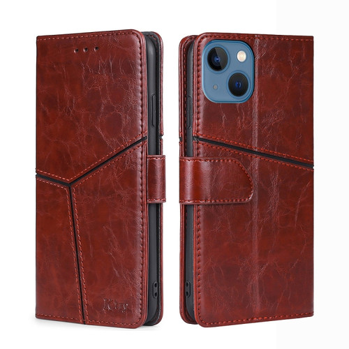 iPhone 14 Geometric Stitching Leather Phone Case  - Dark Brown