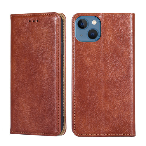 iPhone 14 Gloss Oil Solid Color Magnetic Leather Phone Case  - Brown