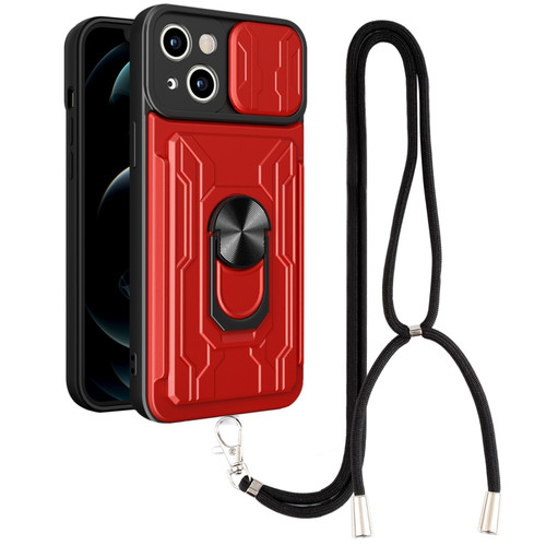 iPhone 14 Lanyard Slide Camshield Card Phone Case  - Red