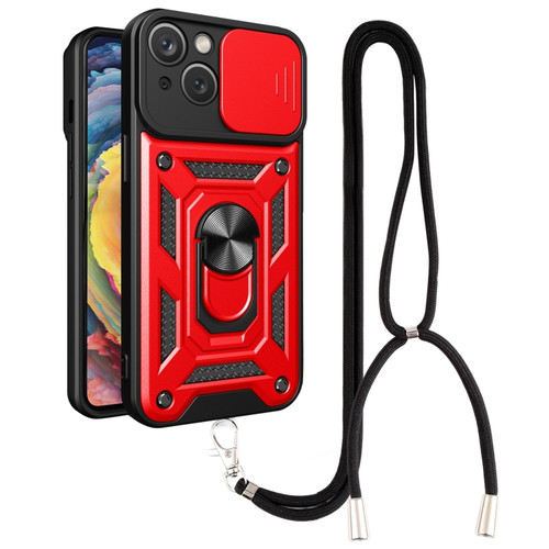 iPhone 14 Lanyard Slide Camshield Ring Phone Case  - Red