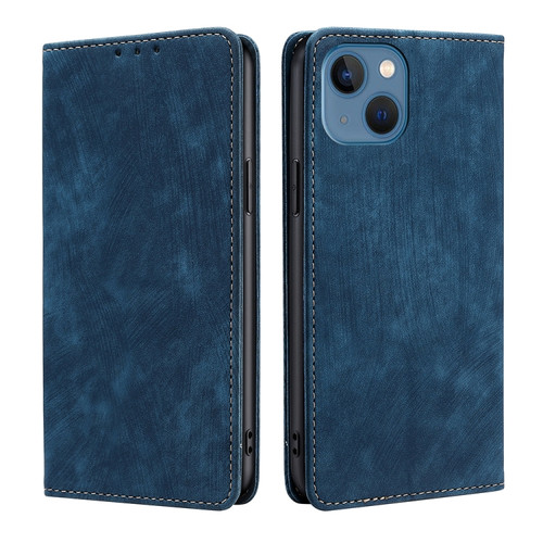 iPhone 14 RFID Anti-theft Brush Magnetic Leather Phone Case  - Blue