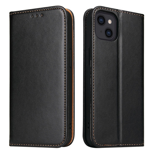 iPhone 14 Fierre Shann PU Genuine Leather Texture Leather Phone Case  - Black