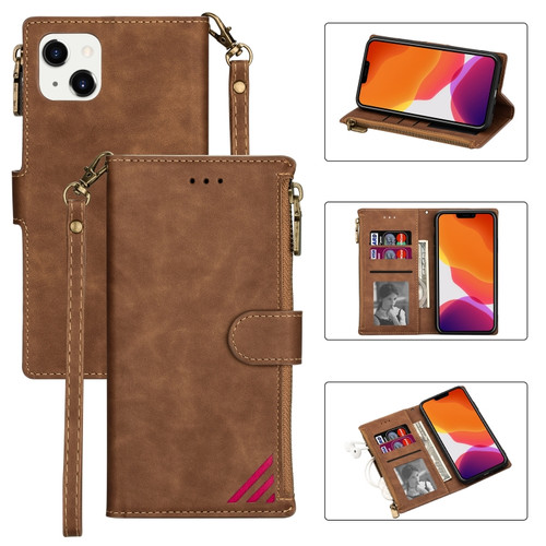 iPhone 14 Zipper Multi-card Slots Horizontal Flip Leather Case  - Brown