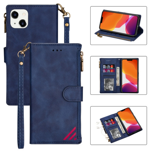 iPhone 14 Zipper Multi-card Slots Horizontal Flip Leather Case  - Blue