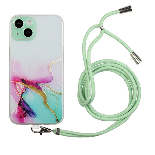 iPhone 14 Hollow Marble Pattern TPU Shockproof Protective Case with Neck Strap Rope  - Green