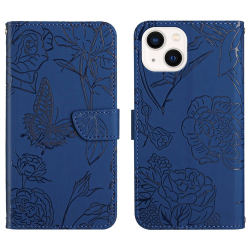 iPhone 14 Skin Feel Butterfly Peony Embossed Leather Phone Case  - Blue