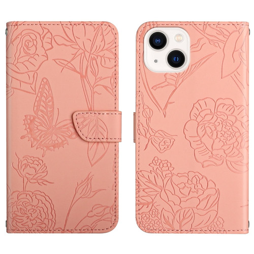 iPhone 14 Skin Feel Butterfly Peony Embossed Leather Phone Case  - Pink